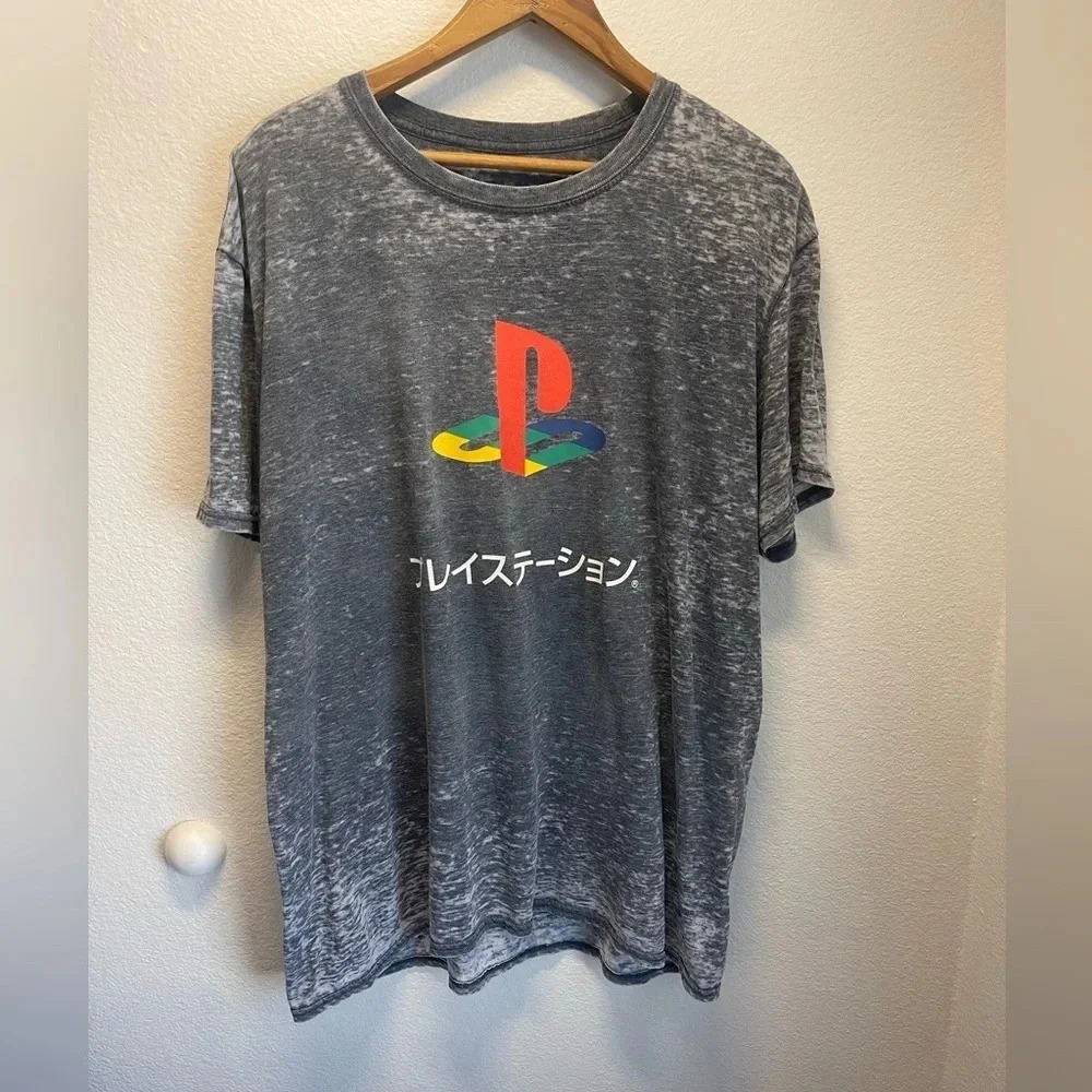 Play station 2018 Japanese color logo t shirt men’s size large grey burnout